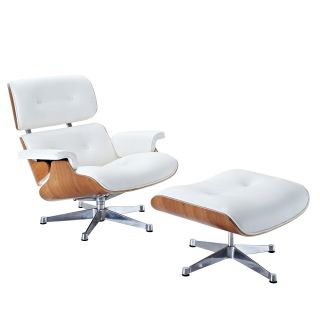 Eaze White Leather And Wood Lounge Chair