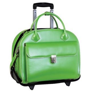 Ladies Leather Detachable Laptop Case on Wheels with Removable Sleeve   Green