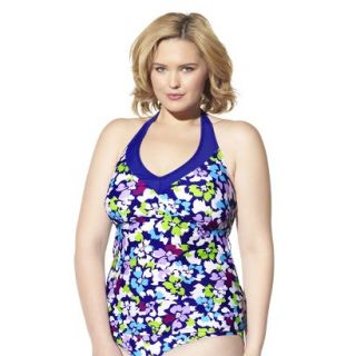 Womens Plus Size Halter Tankini Swim Top   Cobalt Blue/Multicolor 24W