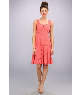 London Times Cap Sleeve Pleated Neck Fit Flare Dress Womens Dress (Coral)