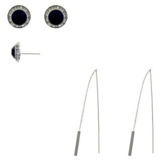 Duo Earring Set with Button Stud and Pull Through Metal Bar   Silver/Black