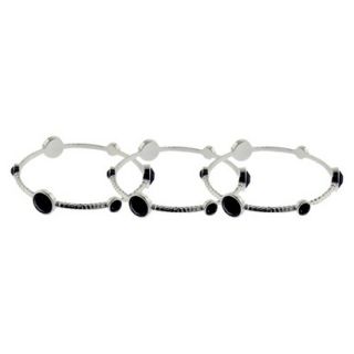 3 Piece Hammered Bangle Set with Cabochons   Silver/Black