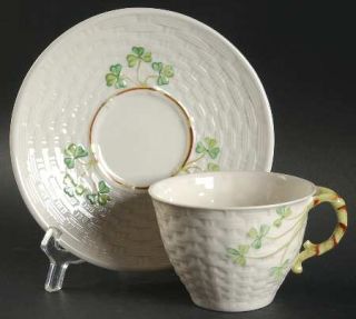 Belleek Pottery (Ireland) Shamrock Flat Cup & Saucer Set, Fine China Dinnerware