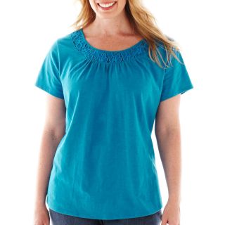 St. Johns Bay Short Sleeve Lace Inset Tee   Plus, Blue, Womens