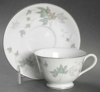 Noritake Maple Leaf Footed Cup & Saucer Set, Fine China Dinnerware   Rose, Green