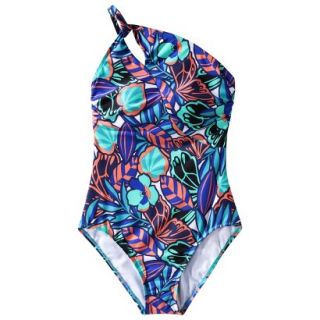 Clean Water Womens Printed One Shoulder 1 Piece  Blue XS