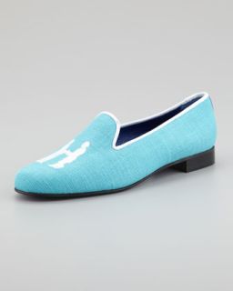 Womens Audrey Linen Smoking Loafer, Turquoise/White   Hadleighs