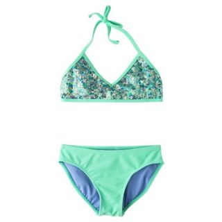 Girls 2 Piece Sequin Halter Bikini Swimsuit Set   Mint XL