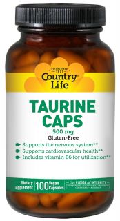 Country Life   Taurine Caps Free Form Amino Acid Supplement with Vitamin B 6 500 mg.   100 Vegetarian Capsules