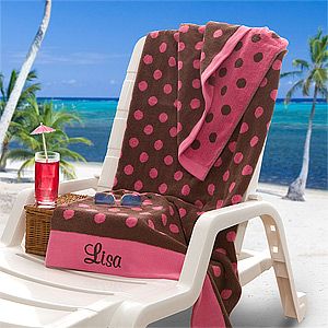 Oversized Personalized Beach Towels   Pink & Brown Polka Dots