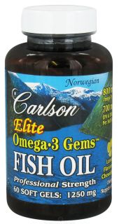 Carlson Labs   Norwegian Elite Omega 3 Gems Fish Oil Professional Strength Lemon Flavored 1250 mg.   60 Softgels LUCKY PRICE