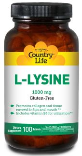 Country Life   L Lysine Amino Acid Supplement with B 6 1000 mg.   100 Tablets