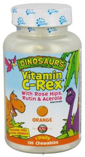 Kal   Dinosaurs Vitamin C Rex For Kids With Rose Hips, Rutin & Acerola Orange   100 Chewable Tablets