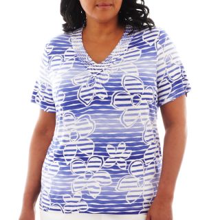 Alfred Dunner St. Tropez Short Sleeve Floral Striped Top   Plus, Periwinkle