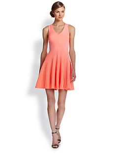 MILLY Ribbed Stretch Knit Fit and Flare Dress   Coral
