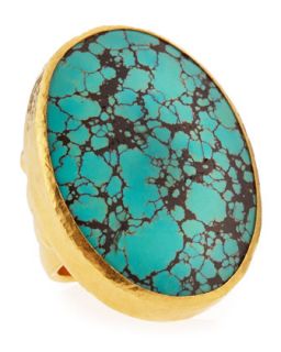 24K Gold Large Turquoise Oval Ring, Size 6