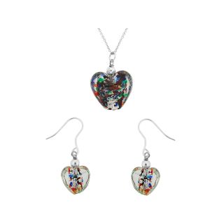 Bridge Jewelry Silver Plated Fleck Glass Heart Pendant & Earring Set
