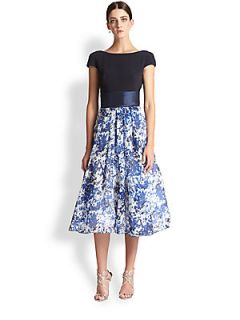 Theia Floral Skirt Silk Dress   Blue