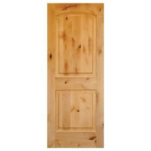 Krosswood Doors Rustic Knotty Alder 2 Panel Top Rail Arch Solid Wood Core Stainable Right Hand Prehung Interior Door AE 121
