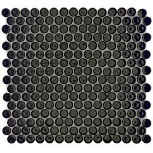 Merola Tile Penny Round Black 12 in. x 12 1/4 in. x 5 mm Porcelain Mosaic Floor and Wall Tile (10.2 sq.ft./case) FKOMPR2