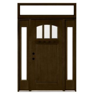 Steves & Sons Craftsman 3 Lite Arch Stained Mahogany Wood Right Hand Entry Door with Sidelites and Transom 4 in. Wall M4151 1210 HY 4RH