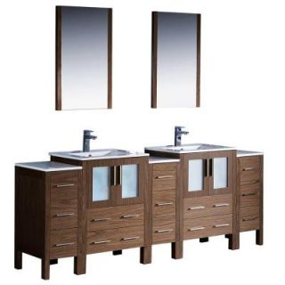 Fresca Torino 84 in. Double Vanity in Walnut Brown with Ceramic Vanity Top in White and Mirrors FVN62 72WB UNS