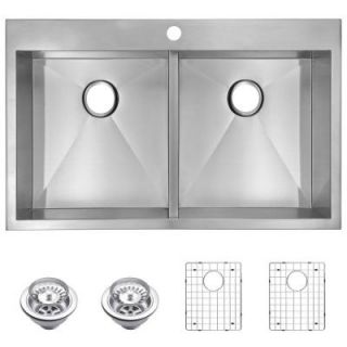 Water Creation Top Mount Zero Radius Stainless Steel 33x22x10 1 Hole Double Bowl Kitchen Sink with Strainer and Grid in Satin Finish SSSG TD 3322A