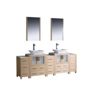 Fresca Torino 84 in. Double Vanity in Light Oak with Ceramic Vanity Top in White with Mirrors and 3 Side Cabinets FVN62 72LO VSL