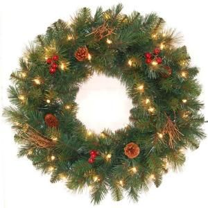 Home Accents Holiday 24 in. Pre Lit Hawkins Pine Artificial Wreath with Clear Lights and Pine Cones/Berries and Twigs 210WA1412435C1