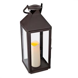 20 in. Weathered Brown Lantern with Timer Candle 36269