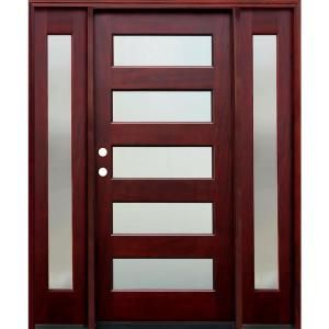 Pacific Entries Contemporary 36 in. x 80 in. 5 Lite Mistlite Stained Mahogany Wood Entry Door with 12 in. Sidelites M55MSMR412