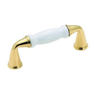Amerock 3 in. Centers Solid Brass Pull with Ceramic Insert in Polished Brass with White Porcelain Finish BP1421 30A