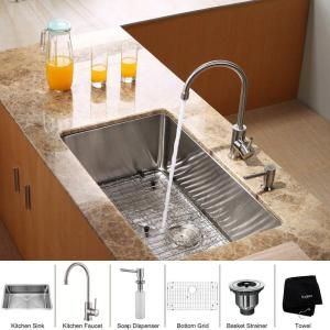 KRAUS All in One Undermount 30x18x10 0 Hole Single Bowl Kitchen Sink with Sink Stainless Steel Kitchen Faucet KHU100 30 KPF2160 SD20