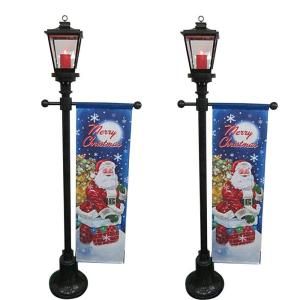 Home Accents Holiday 6 ft. Black Lamp Post with Santa in Chimney Banner (Set of 2) 89213 2PK