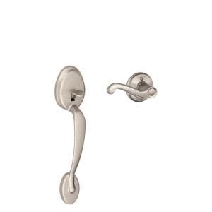 Schlage Plymouth Satin Nickel Right Hand Handleset Less Deadbolt with Flair Interior Lever FE285 PLY 619 FLA RH