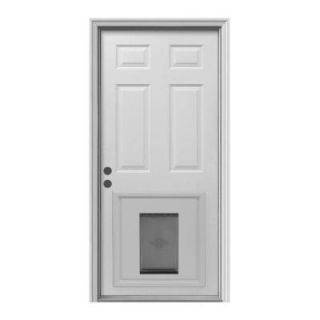 JELD WEN 6 Panel Primed White Steel Entry Door with Medium Pet Door and Brickmold THDJW204000018