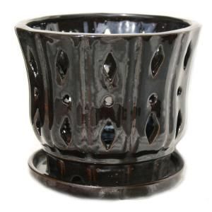 6 in. Black Mirror Ceramic Orchid Pot with Saucer PIOP6BM