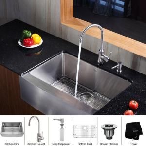 KRAUS All in One Farmhouse Apron 30x20x10 0 Hole Single Bowl Kitchen Sink with Stainless Steel Kitchen Faucet KHF200 30 KPF2160 SD20