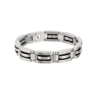 Mens Stainless Steel & Black Rubber Link Bracelet, White