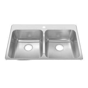 American Standard Prevoir Top Mount Brushed Stainless Steel 33.375x22x9 1 Hole Double Bowl Kitchen Sink 15DB.332211.073