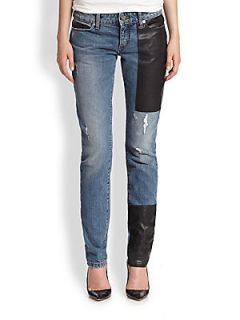 McQ Alexander McQueen Leather Patched Skinny Jeans   Washed Indigo