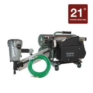 Hitachi 3 Piece 3.5 in. Plastic Strip Framing Nailer, 4 Gal. Portable Twin Stack Air Compressor and Air Hose Kit KCT 90E H