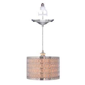 Worth Home Products 1 Light Brushed Nickel Instant Pendant Light Conversion Kit and Overlay with Linen Drum Shade PBN 6159 0030