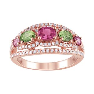 5 Stone Genuine Pink & Green Tourmaline & CZ Ring, Womens