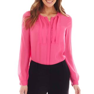 Worthington Long Sleeve Pleated Blouse, Pink