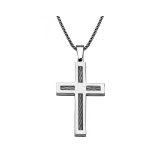 Mens Stainless Steel Cable Cross Pendant, White