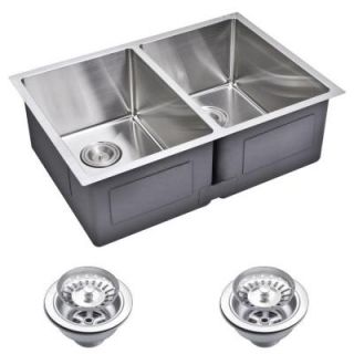 Water Creation Undermount Small Radius Stainless Steel 29x20x10 0 Hole Double Bowl Kitchen Sink with Strainer in Satin Finish SSS UD 2920A