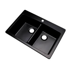 Mont Blanc Waterbrook Dual Mount Composite Granite 33x22x9 1 Hole Double Bowl Kitchen Sink in Black 79199Q