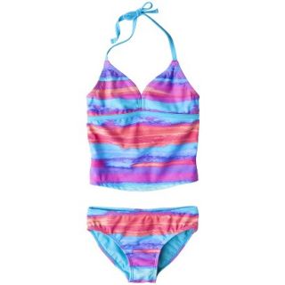 Girls 2 Piece Striped Halter Tankini Swimsuit Set   Blue XS