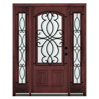 Steves & Sons Decorative Iron Grille 3/4 Arch Lite Stained Mahogany Wood Left Hand Entry Door with 12 in. Sidelites M6301 GR SD12 LH